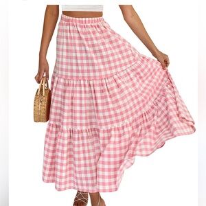 Pink Gingham Tiered Maxi Skirt Cottagecore Boho Picnic Prairie Chic Size M